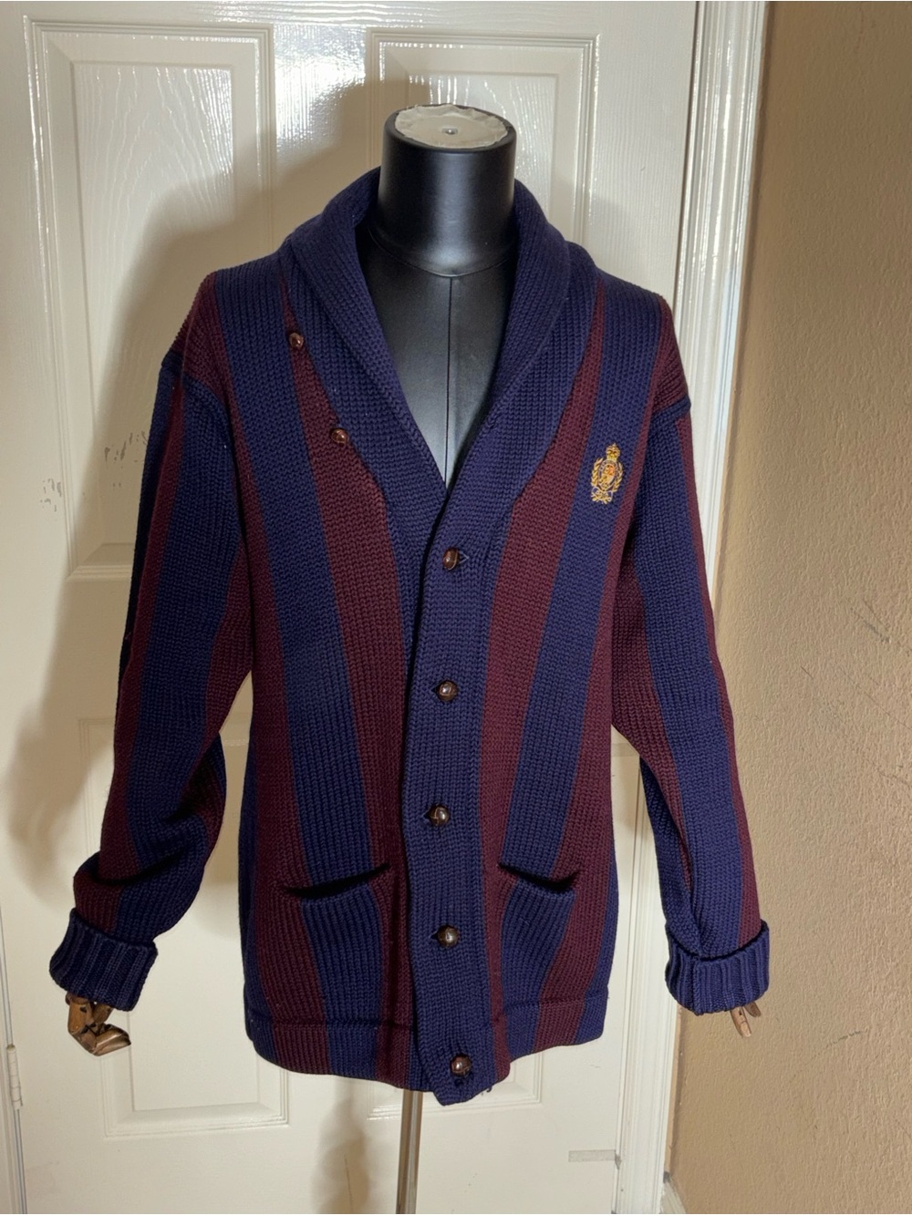 POLO RALPH LAUREN Stripe Shawlcollar Sweater Cardigan Mens Wool Crest Patch Sz L